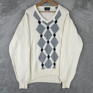 Lyle & Scott Sweater Mens Large White Argyle V Neck Cotton Knit Preppy Retro